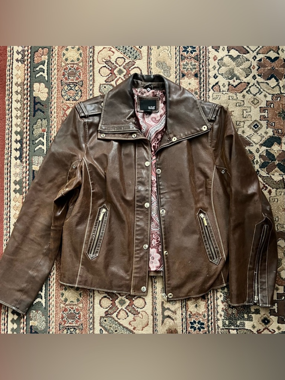 Brown Leather Moto Jacket with Paisley Lining